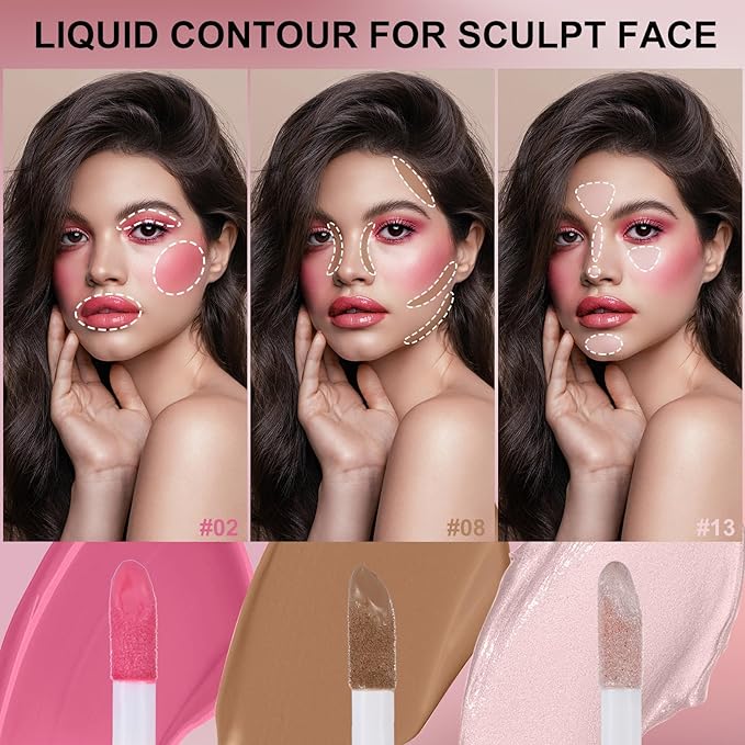 3Pcs Liquid Contour Makeup Trio with Bronzer Shade, Blush, Highlighter for Sculpted Makeup, Matte Finish Liquid Contour Set Easy to Create a Lightweight Look, Longwear Waterproof Formula (2, 8, 13)