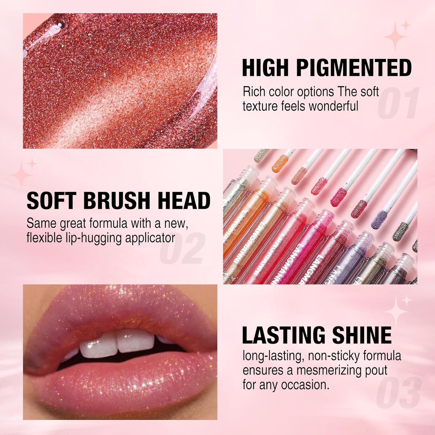 LANGMANNI 6 Colors Diamond Glitter Lip Gloss Set,Long Lasting High Shine Shimmer Liquid Lipstick Set,Hydrating,Moisturizing Lip Gloss Kit Gift Makeup For Girls(#05+06+07+08+09+10)