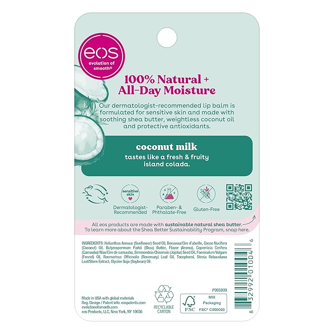 eos 100% Natural Lip Balm- Coconut Milk, All-Day Moisture, Made for Sensitive Skin, Lip Care Products, 0.25 oz