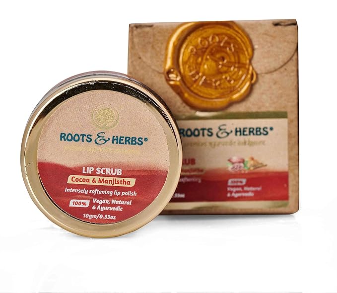 ROOTS AND HERBS Ayurvedic Cacao & Manjistha Cane Sugar Lip Scrub 100% Vegan, No-Paraben, No-SLS, No-Sulphate & Natural Treatment Exfoliator for Dark, Dry, Chapped Smooth & Brighter Lips (15gm/0.53oz)