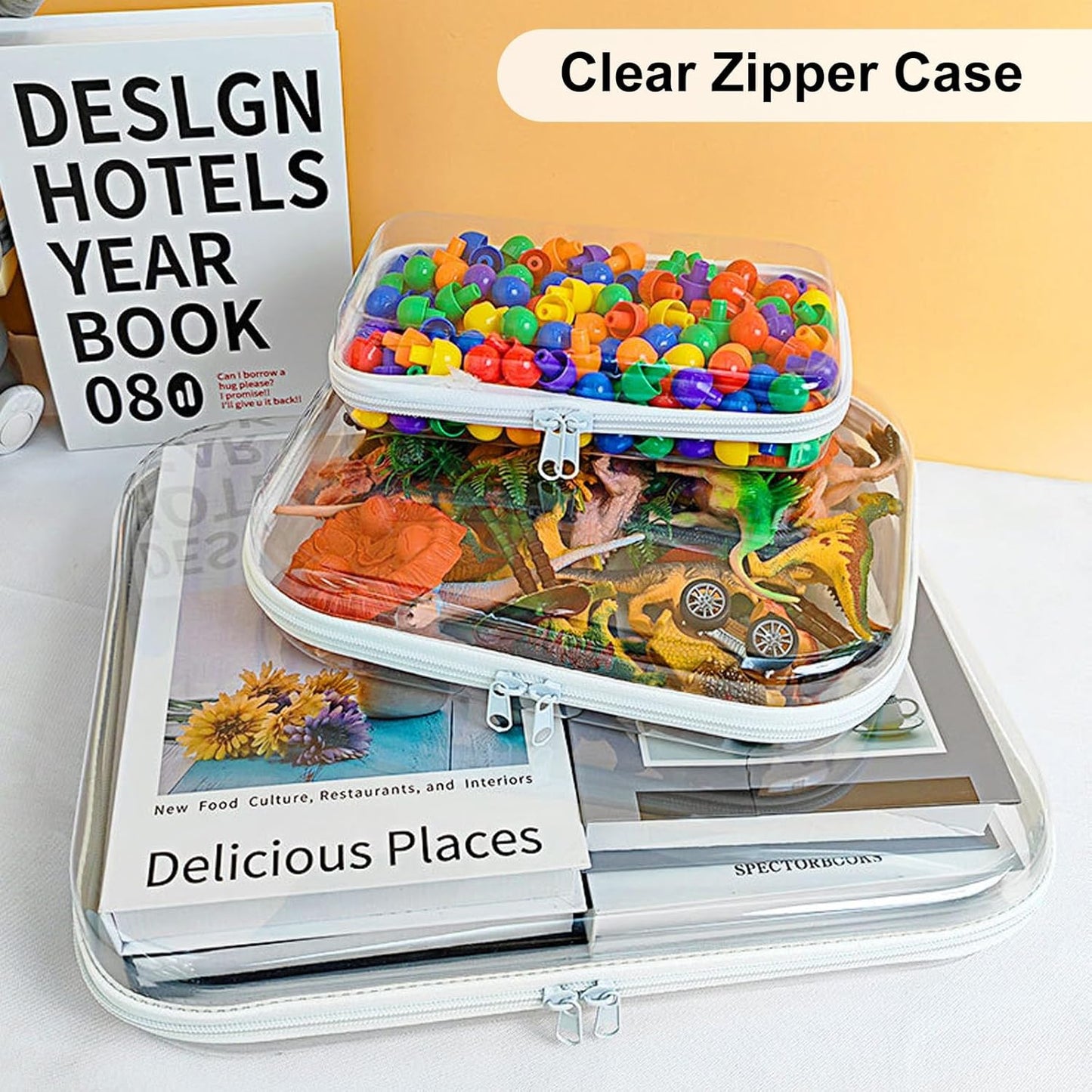 3PCS Clear Zipper Cases, Portable Clear Organizer Pouches for Travel, Double Zippered Hard Shell Plastic Case, Cosmetic Bag for Make Up Tools, Toiletries, Toy Storage(White,2 Pack)