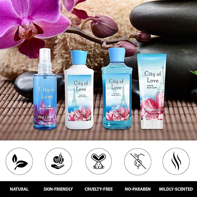 Bath & Body Kit - Body Lotion, Shower Gel, Body Cream, and Fragrance Mist, 3 Fl Oz each, in City of Love, Ideal Skincare Gift Home Spa Set for luxurious indulgence