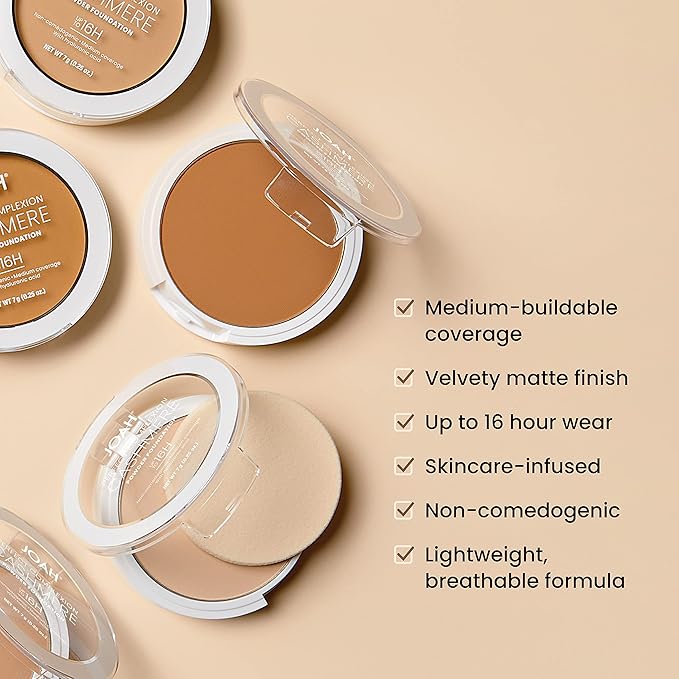 JOAH Perfect Complexion Cashmere Powder Foundation, Medium Face Coverage, Matte Finish, Korean Makeup, Compact Design For Oily & All Skin Types, 16 Hour Wear, Light with Warm Undertones