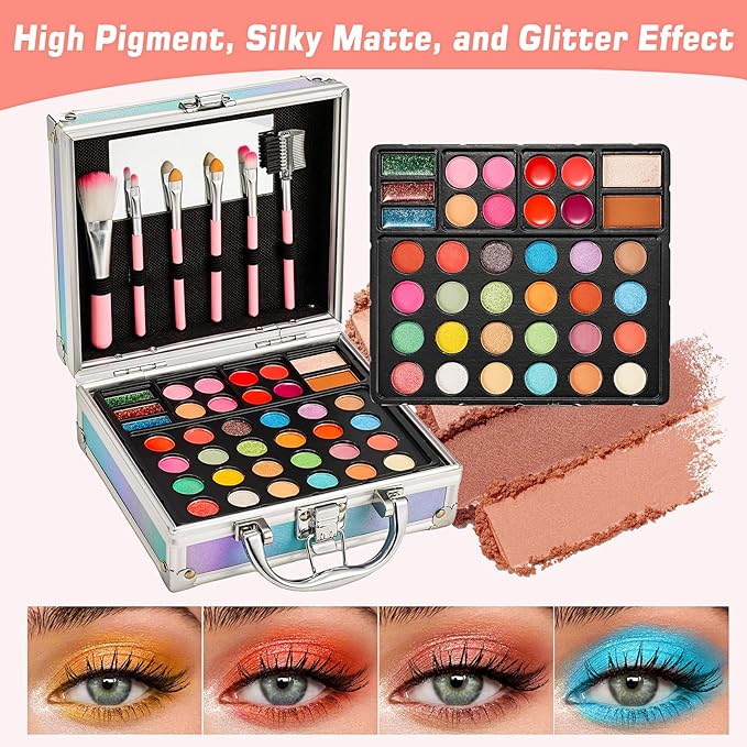 Anpro All-In-One Makeup Carry Case with Pro Teen Makeup Set, Full Starter Cosmetics Kit with Makeup Brushes, Eye Shadows Palette, Blushes, Glitter Gel, Temporary Tattoo Stickers - Blue
