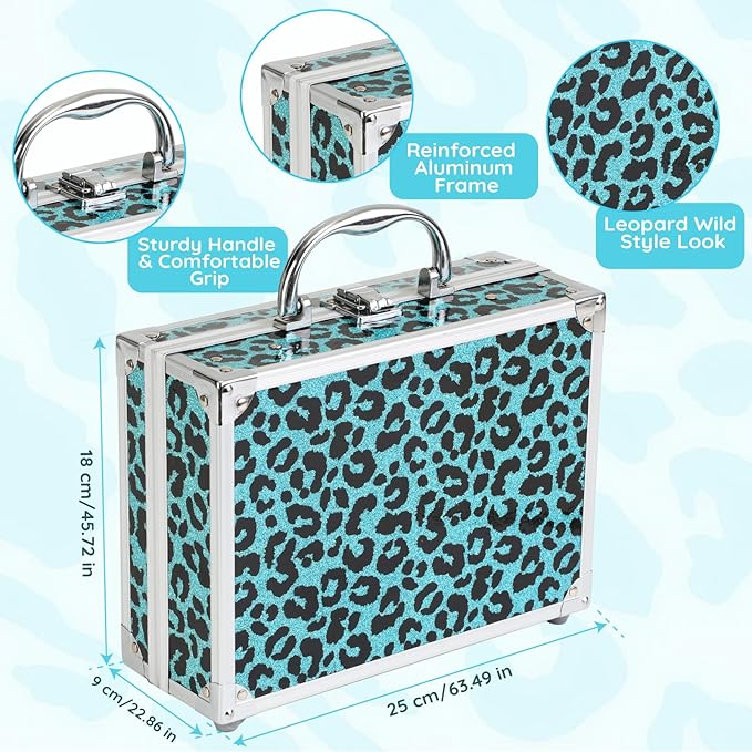 Anpro All-In-One Leopord Double Folding Makeup Carry Case with Pro Teen Makeup Set, Full Starter Kit with Makeup Brushes, Lipsticks, Eyeshadow Palette, Blushes, Glitter Gel, Ideal Present for Girls