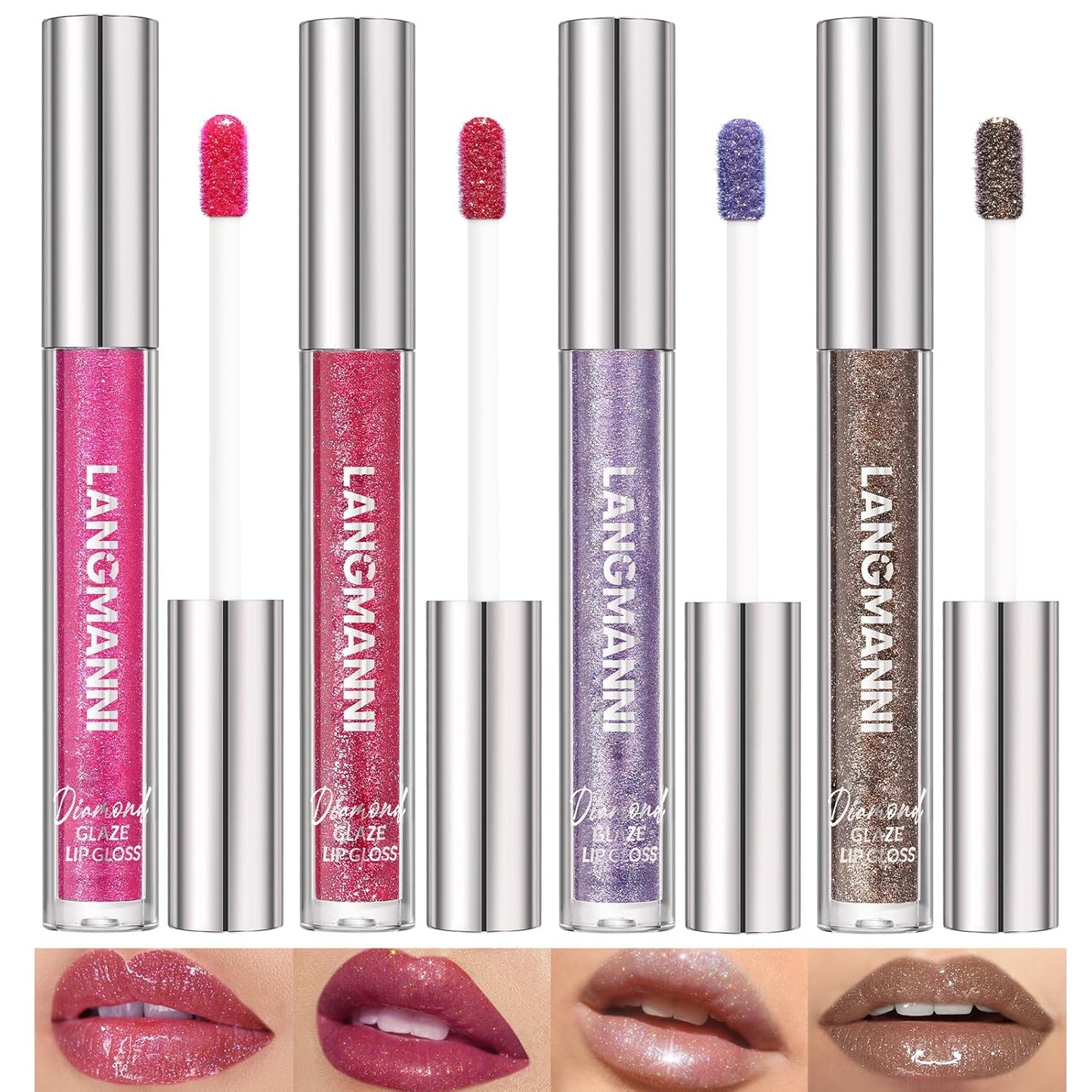 LANGMANNI 4 Colors Diamond Glitter Lip Gloss Set,Long Lasting High Shine Shimmer Liquid Lipstick Set,Hydrating,Moisturizing Lip Gloss Kit Gift Makeup For Girls(#01+02+03+04)