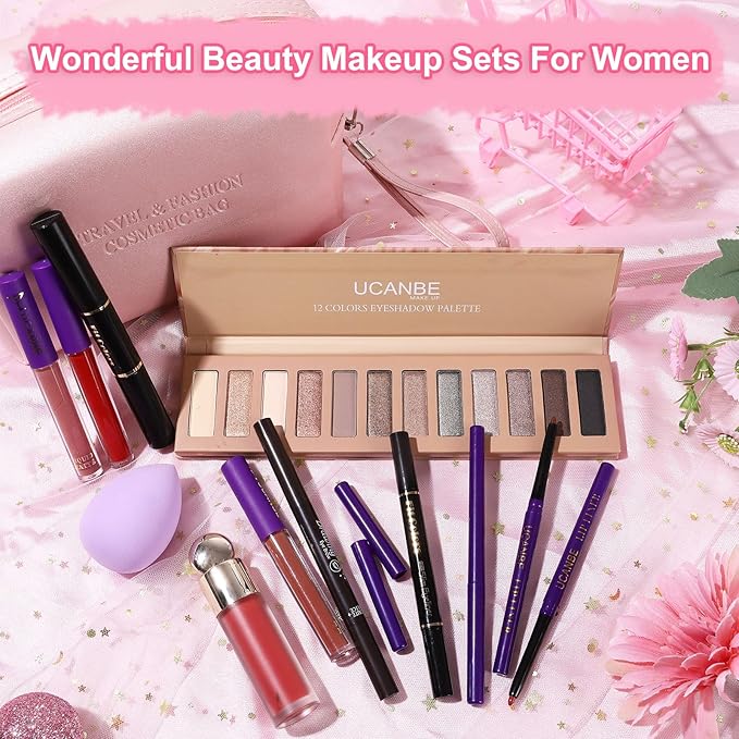 UCANE All In One Makeup Sets For Women, Naked Eyeshadow, Lipsticks, Lipgloss, Mascara, Eyeliner, Eyebrow Pencil, Liquid Blush, Cosmetic Bag, Beauty Gift Kit For Teens