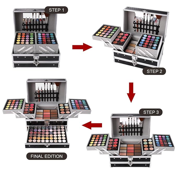 All in One Makeup Gift Set for Women Girls Full Kit, Includes Eyeshadow, Lipstick, Concealer, Highlighter, Eyebrow Powder, Blush, Contour, Lip Liners, Eyeliner, Brushes (Black)