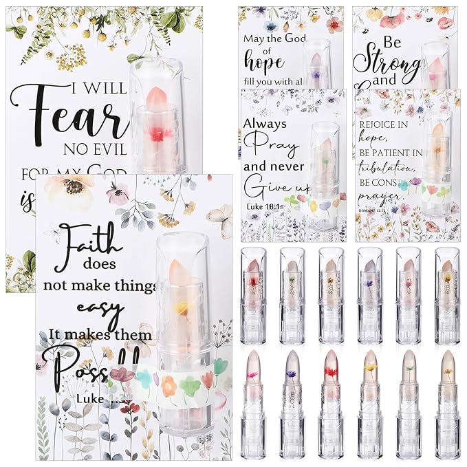 12 Sets Christian Lip Balms with Inspirational Bible Verse Card Bulk Gifts for Women Flower Sign Taste Lip Balm with Tag for Employee Coworker Teacher Family Church Wedding Favor