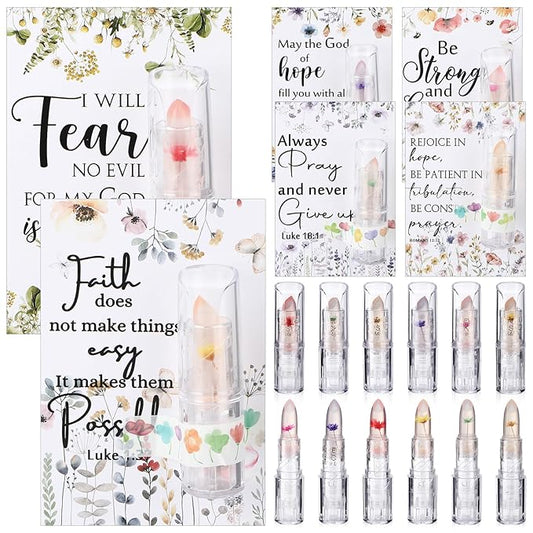 12 Sets Christian Lip Balms with Inspirational Bible Verse Card Bulk Gifts for Women Flower Sign Taste Lip Balm with Tag for Employee Coworker Teacher Family Church Wedding Favor