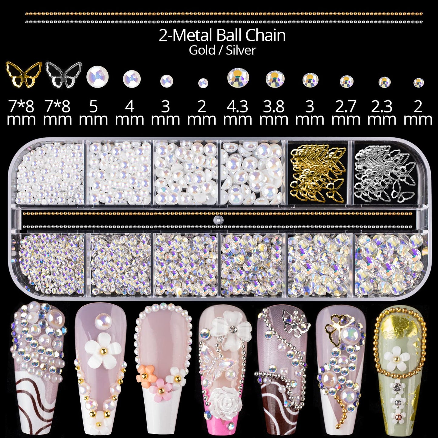 Mixed 3D Nail Art Gem Decoration Accessories Kit #8, Aurora Bear Bow Butterfly Starry AB Rhinestone Charm Jewelry for Deco, Pearl Flower Caviar Bead Stone Crystal with Pickup Pencil and Tweezer