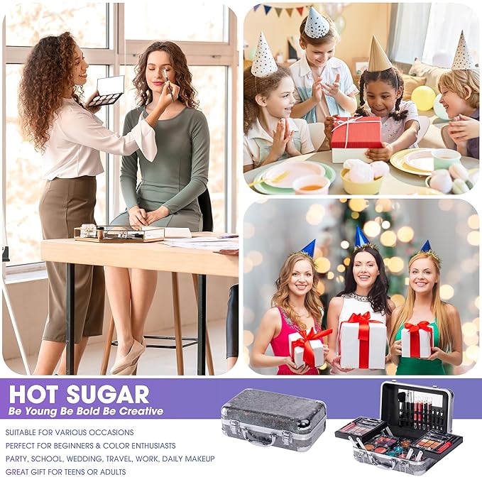 Hot Sugar Makeup Kit for Girls 10-12, Teen Girls Makeup Set for Beginners With Eye Shadow Palette, Blush, Lip Gloss, Brush, Mirror (Black Bubble)