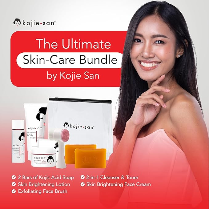Kojie San Face & Body Complete Brightening Mini Set - 65 Gram x 2 Bars Soap, Body Lotion, Face Cream, and Facial Cleansing Brush