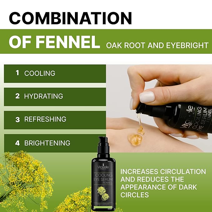 Eye Serum Under Eye Cream for Dark Circles and Puffiness – Cooling, Hydrating Under Eye Serum with Pure Fennel Extract – Eye Cream Anti Aging to Moisturize & Depuff – Zero Paraben Eye Gel by Vitavelle