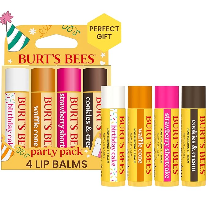 Burt's Bees Lip Balm Party Pack - Birthday Cake, Waffle Cone, Strawberry Shortcake, and Cookies & Cream, All Day Moisturizer, Tint-Free, Natural Origin Conditioning Lip Treatment, 4 Tubes, 0.15 oz.