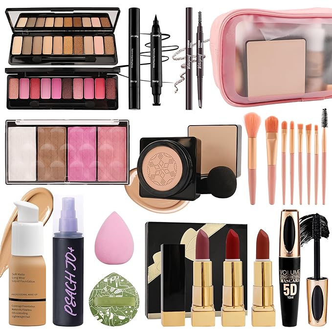 All In One Multipurpose Makeup Kit for Women,Travel Makeup Set,Makeup Gift Full Kit,Includes Foundation Eyeshadow Palette Lipstick Mascara Eyeliner Blusher Cosmetic Brush Set with Makeup Bag-Set C