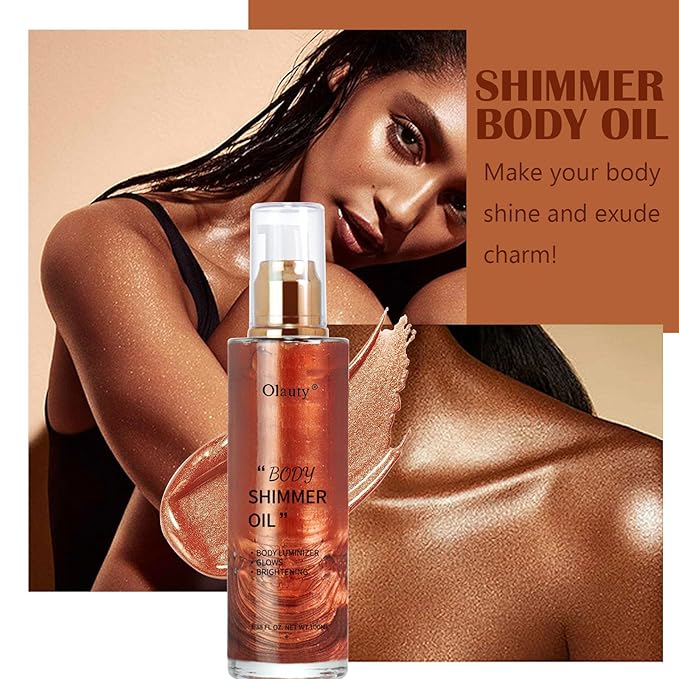 Shimmer Body Oil-Gold Face Brighten Glow Pearl Highlighter Liquid Illuminator Body Glow Oil,4 Color Bronze Makeup Glitter Body Shimmer Oil with Makeup Brush