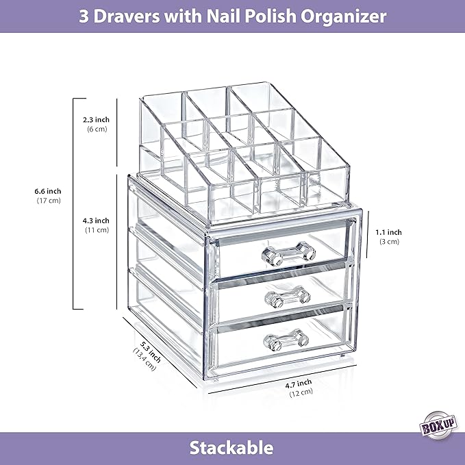 Boxup Makeup Organizer 3 Drawers,Makeup Organizers For Nail Polishers Clear Cosmetic Display Cases Stackable Storage Box With 3 Drawers For Vanity