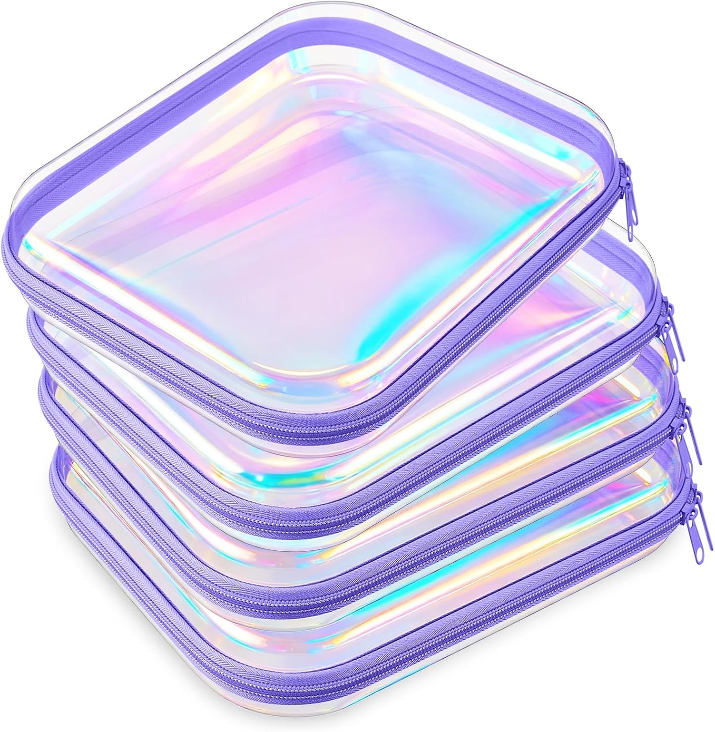Hoolerry 4 Pcs Hard Clear Zipper Case Makeup Bags Plastic Pencil Pouch Transparent Storage Box Containers for Cosmetics, Snacks, Building Blocks, Puzzles(Purple Laser,9.8 x 7.9 x 2 in)