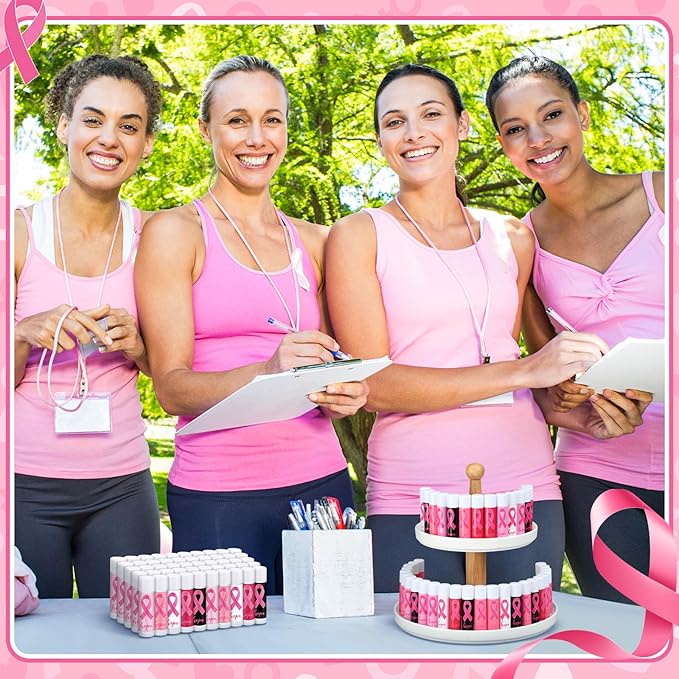 50 Pack Breast Cancer Awareness Favors Bulk Lip Balms Gifts Pink Ribbon Lip Balms Favors Breast Cancer Awareness Month Accessories Support Party Items Decorations for Women Men Survivors