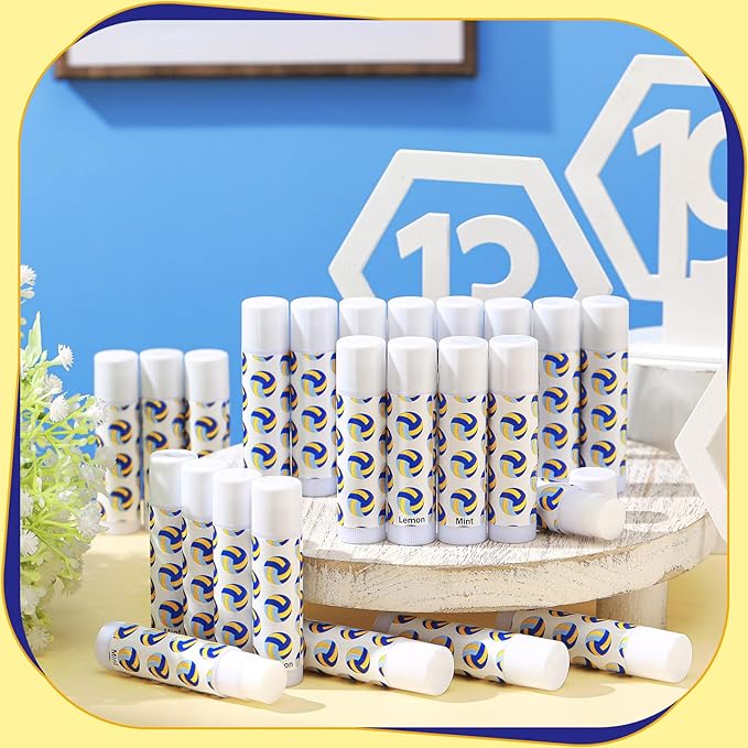 24 Pcs Volleyball Lip Balm Volleyball Team Gifts Volleyball Party Favors Volleyball Lip Balm Gift for Volleyball Team Volleyball Party Guest Supplies (Blue,white,yellow)