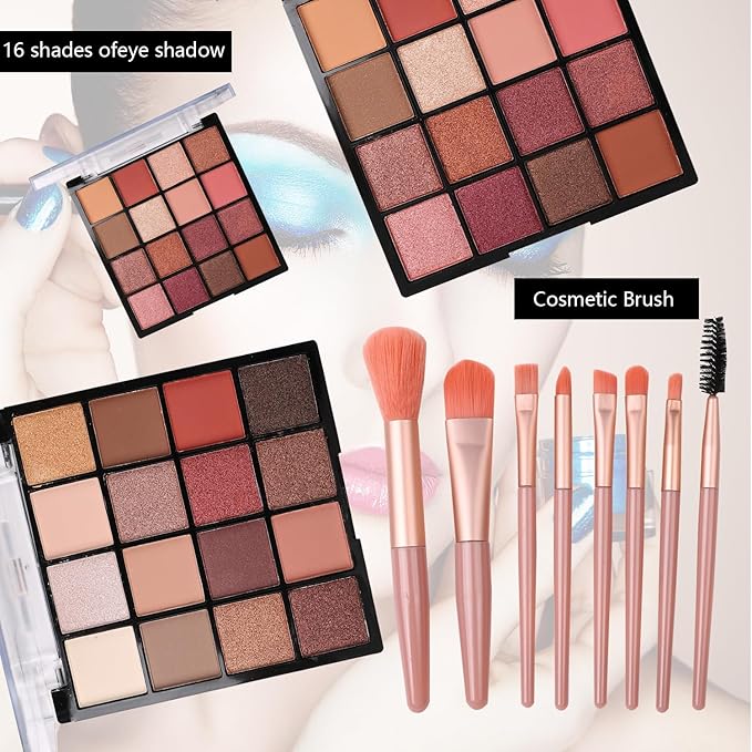 Makeup Kit for Teen Girls,All in One Makeup Kit for 2X16 Colors Eyeshadow Liquid Foundation Eyeliner Pencils Contouring Stick Lip Gloss Eyebrow Pencils 8Pcs Makeup Brushes etc (pink)