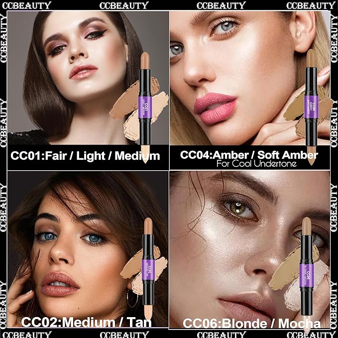 CCbeauty 2pcs 2-IN-1 Shimmer Contour Highlighter Stick with Blush,Cream Dual-End Highlight Bronzer Concealer & Blusher for Cheeks & Lip, Long Lasting Contouring for Face Shaping Makeup, Light-Medium
