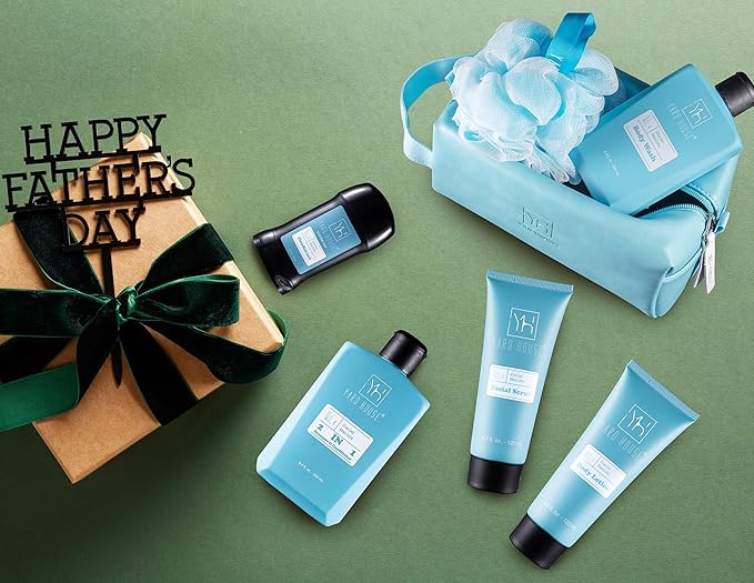Bath and Body Mens Gift Set - Glacier Absolute - Premium Fathers Day Birthday Christmas Gifts Ideas For Him - Skin Care Kits For Men in Leather Toiletry Bag w. Full Size Items