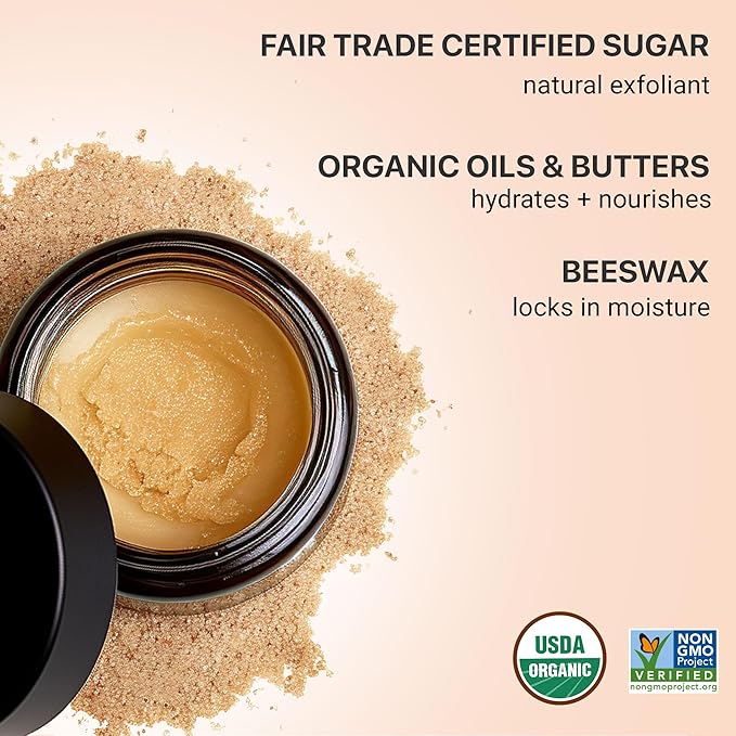 Organic Lip Scrub Vanilla - USA Made Exfoliating Lip Scrub with Natural & Organic Ingredients, Moisturizing Lip Exfoliator Scrub for Dry Lips, Lip Scrubber Exfoliator & Sugar Scrub for Smooth Lips