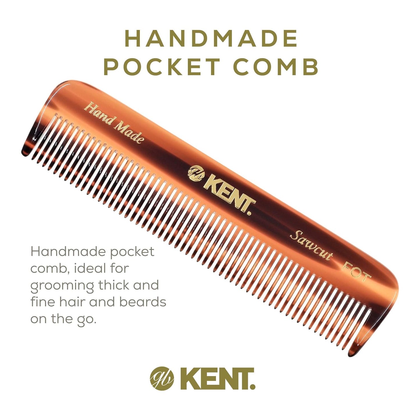 Kent FOT Tortoise Fine Tooth Handmade Pocket Comb for Men, Women and Kids, Hair Comb Straightener for Everyday Grooming and Styling, Beard and Mustache, Saw Cut and Hand Polished, Made in England