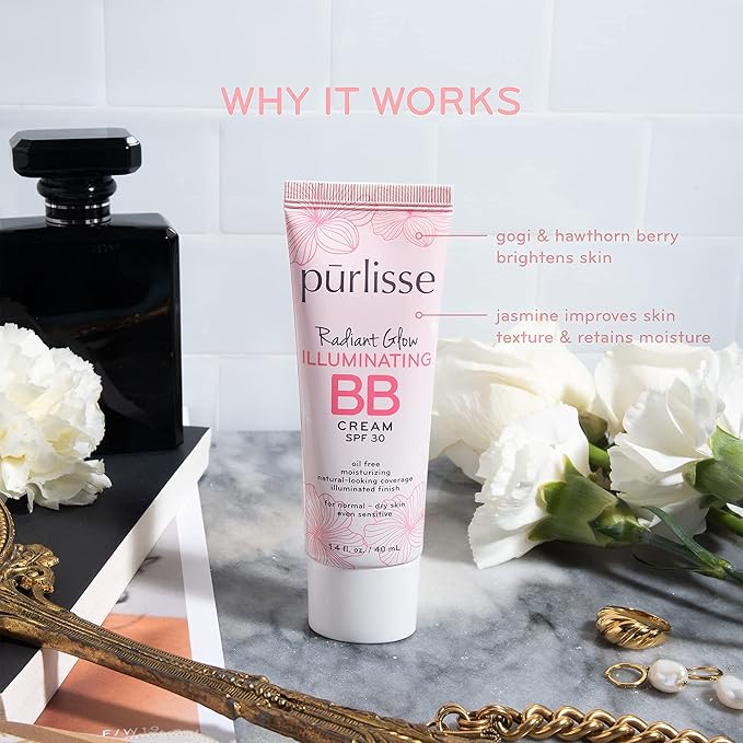 pūrlisse Radiant Glow Illuminating BB Cream SPF 30: Cruelty-Free & Clean, Paraben & Sulfate-Free, Light Coverage, Brightens with Hawthorn Berry | Medium 1.4oz