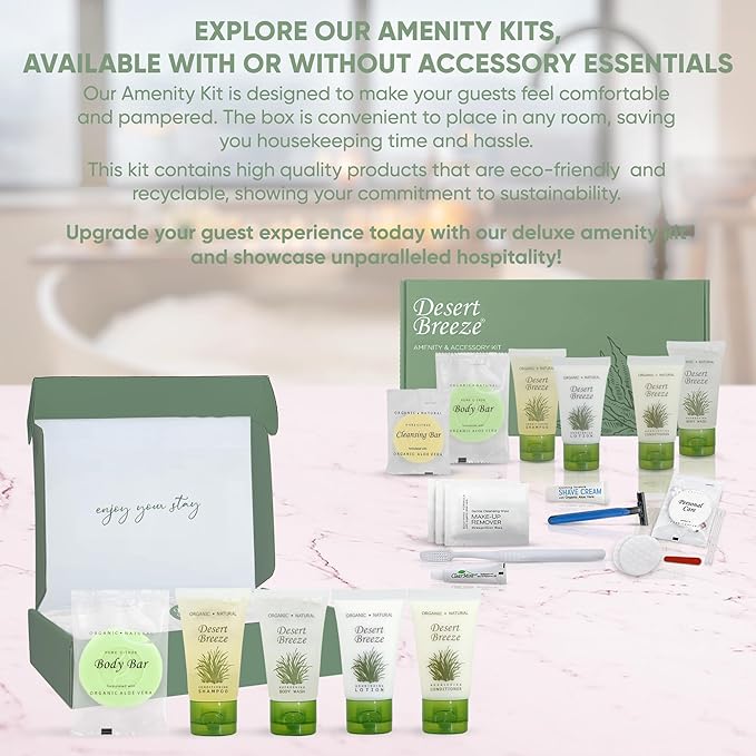 Desert Breeze Amenity & Accessory Kit | 1 oz Travel Size Shampoo, Conditioner, Lotion, Body Wash, Body Bar, Cleansing Bar, Shave & Dental Sets, Make-Up Remover Wipes, & Vanity Kit | 15 sets per case