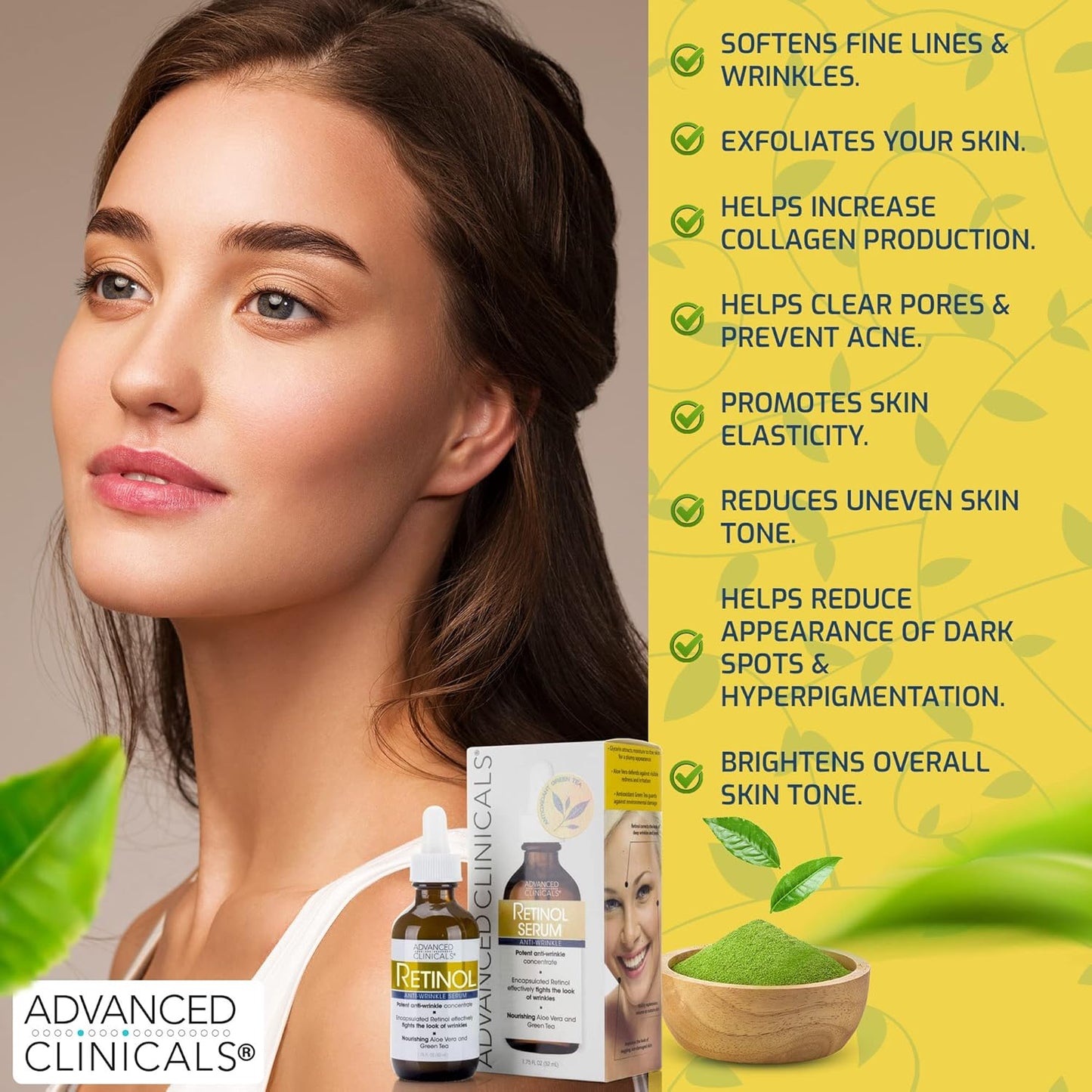 Advanced Clinicals Retinol Facial Serum Moisturizer Skin Care For Face, Anti Aging Retinol Concentrate Reduces Appearance Of Wrinkles & Fine Lines W/Aloe Vera & Green Tea, 1.75 Fl Oz (Pack of 2)