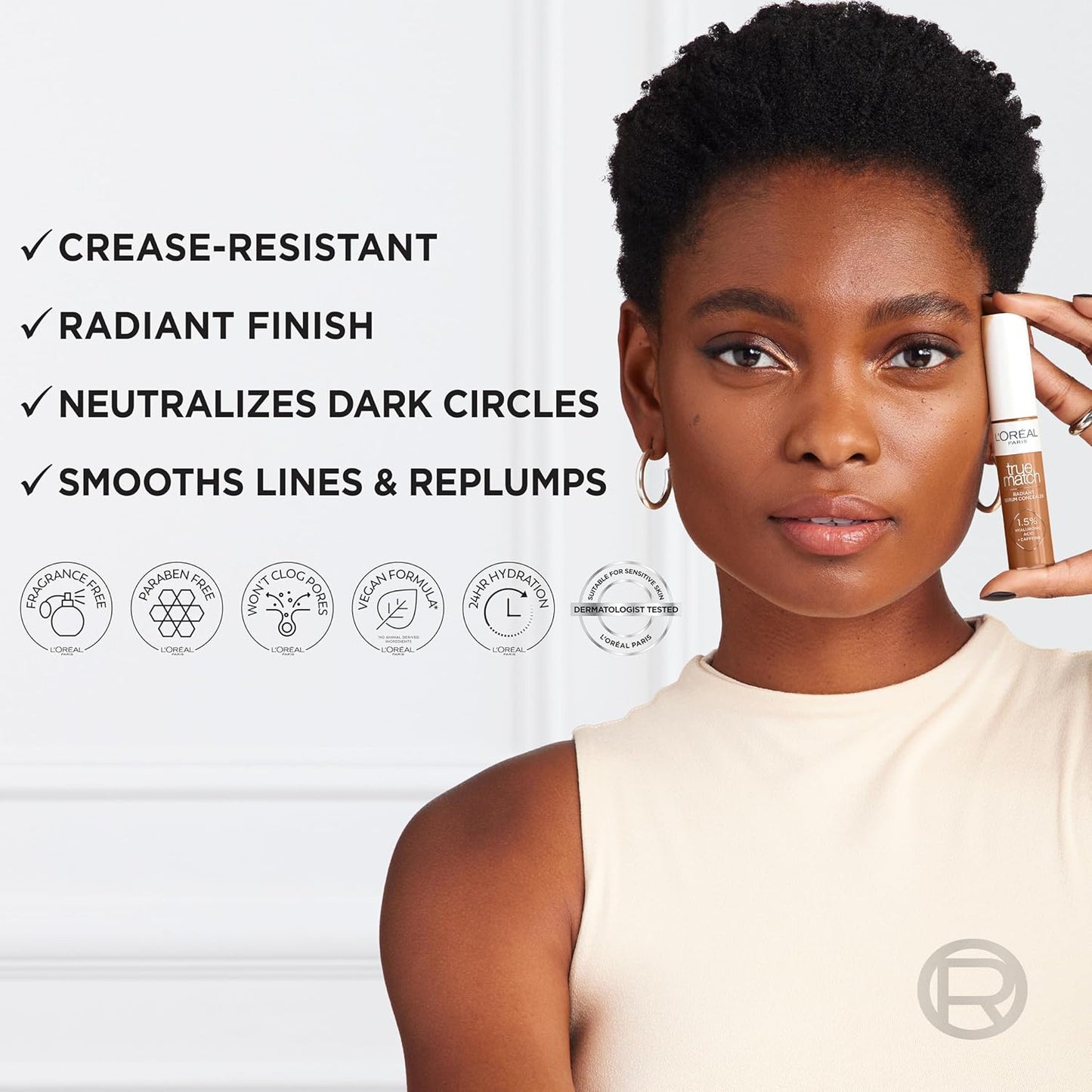 L'Oreal Paris True Match Radiant Serum Concealer, Brightening Under Eye Concealer Make Up with 1.5% Hyaluronic Acid and Caffeine, C8, 0.33 Oz