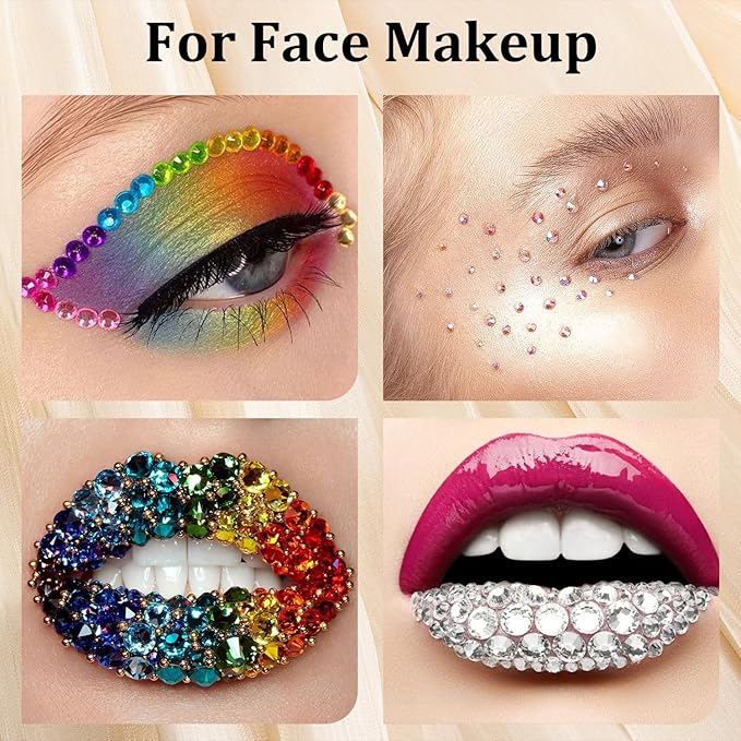 Colorful Face Gems for Makeup Set, Flatback Gorgeous Clear Glass Gem and Mixed-Colored Crystals with Makeup Glue+Picker Pencil+Tweezer+Dual-End Dotting Tool for Eye Body Hair Make-up and Nail Art Deco