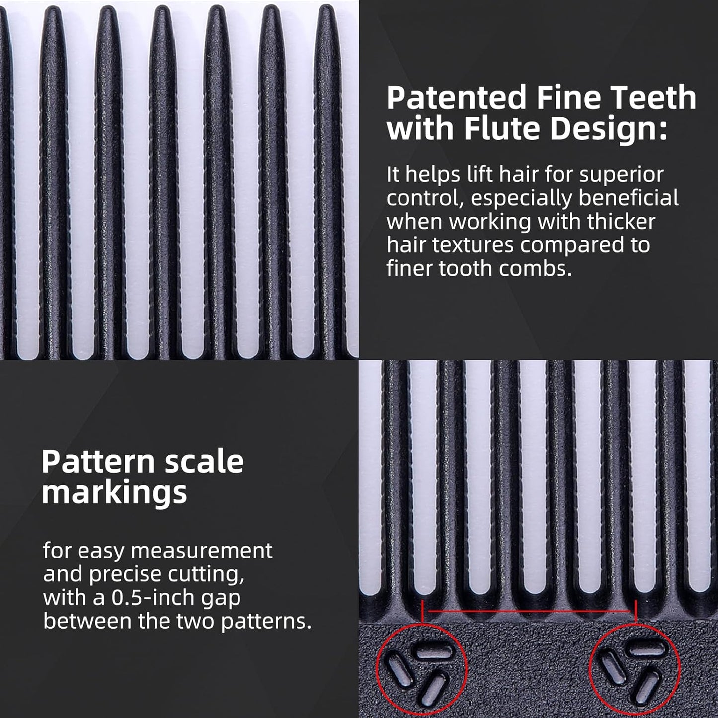 PERFEHAIR 2-Pack Professional Round Tooth Hair Cutting Comb - 8.6 Inch, Black Carbon Fiber Anti-Static & Heat Resistant, Durable Barber Combs with Fine & Wide Tooth for Precise Haircut for Men & Women