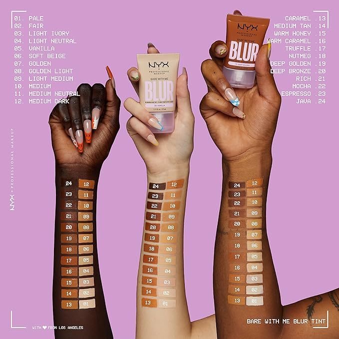 NYX PROFESSIONAL MAKEUP Bare With Me Blur Skin Tint Foundation Make Up with Matcha, Glycerin & Niacinamide - Medium Dark