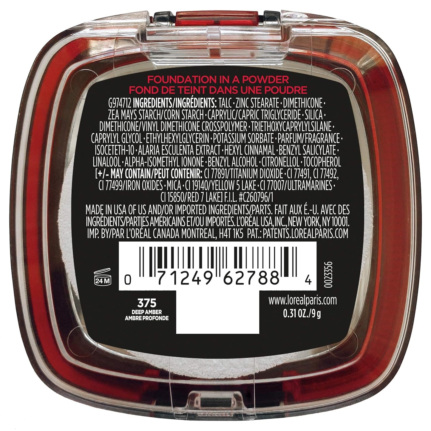 L'Oreal Paris Makeup Infallible Fresh Wear Foundation in a Powder, Up to 24H Wear, Waterproof, Deep Amber, 0.31 oz.