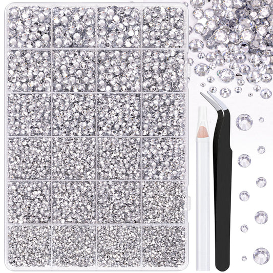 25000Pcs Resin Rhinestones with Tweezers for Crafting, Silver Clear 2-6mm Mixed Sizes Flatback Gems, Bedazzling Crystal for DIY Crafts Clothing Tumblers Mugs Shoes Fabric Decor Nail Art