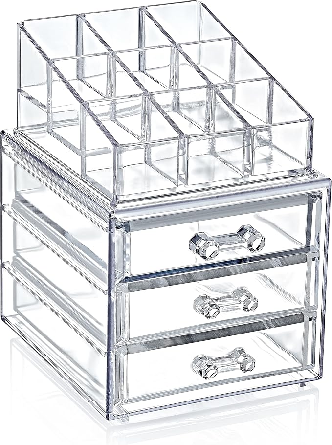 Boxup Makeup Organizer 3 Drawers,Makeup Organizers For Nail Polishers Clear Cosmetic Display Cases Stackable Storage Box With 3 Drawers For Vanity