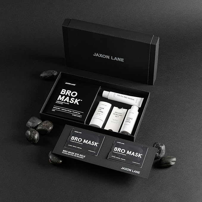 Skin Care Set: Deluxe Skincare Routine Gift Set 5pc, Mens Facial Care kit with Jaxon Lane Sunscreen, Bro Mask Sheet Mask & Eye Gels, Powder Face Wash and Moisturizer Set, Anti Aging Face Care for Men