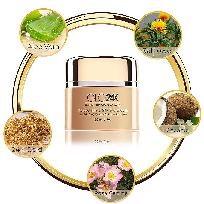 GLO24K Eye Cream with 24k Gold, Hyaluronic Acid, Rosehip Oil, and Vitamins. Minimizes wrinkles and fine-lines around the eyes