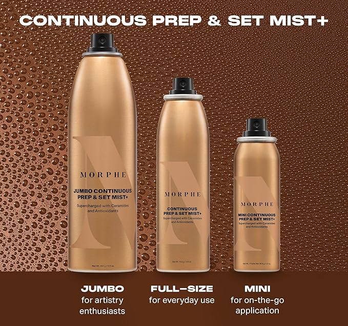 Morphe Mini Continuous Prep & Set Setting Spray - Hydrating Setting Spray for Makeup & Skin Prep - Enriched with Ceramides and Antioxidants for a Radiant Finish (3 Count, 1.3 fl oz)
