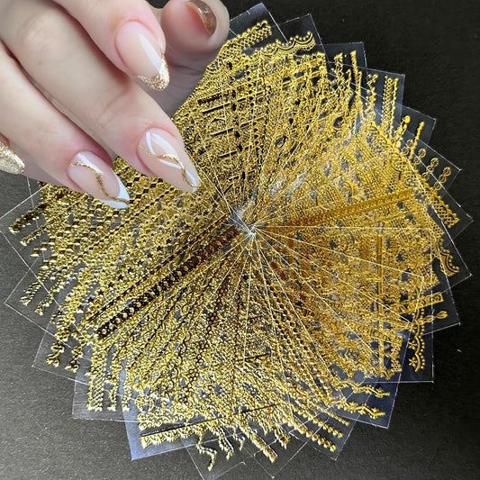 30 Sheets Gold Line Nail Art Stickers Gold Lace Nail Stickers 3D Self-Adhesive Gold Nail Decals Acrylic Nails DIY Design Nail Supplies for Women