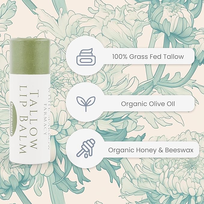 Organic Tallow Lip Balm (Peppermint) from Grass Fed Cows. Super hydrating with Tallow, Olive Oil, Honey, and Beeswax. Sustainable Cardboard Tubes & Hand Filled. Jumbo Size 0.5 oz.