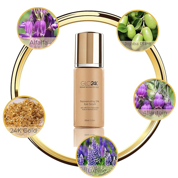 GLO24K Eye Serum with 24k Gold, Hyaluronic Acid, and Vitamins A,C,E. Potent Formula for the delicate skin around the eyes.