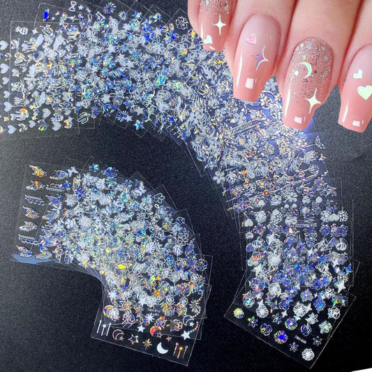 30 Sheets Aurora Flower Nail Art Stickers 3D Self Adhesive Flower Nail Stickers Aurora Moon Star Nail Decals Leaf Heart Nails Art Supplies Charms for Women Manicure Tips Decoration
