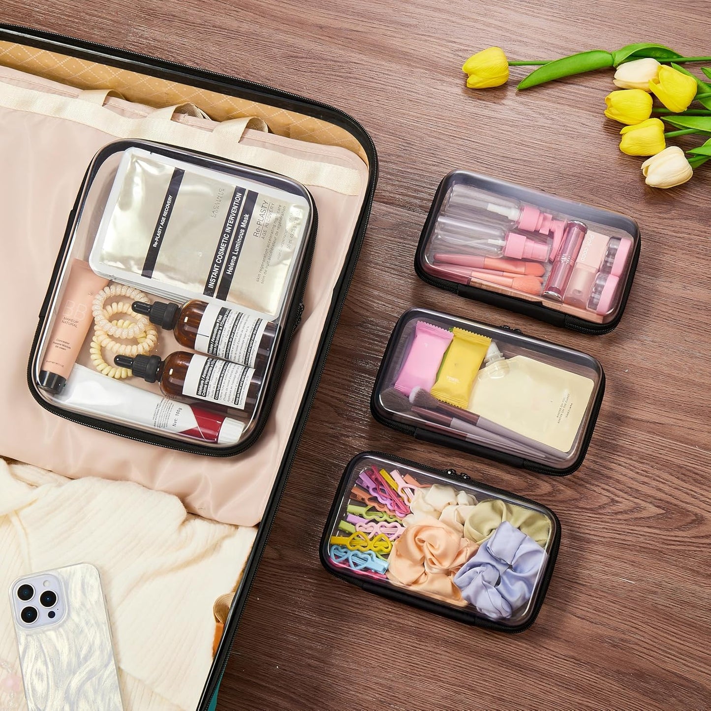 4 pcs Clear Zipper Pouches,Hard Shell Zipper Case, Toiletry Bag for Travel, CLear Diaper Bag, Toiletry Pouch, Travel Organizer, Clear Cosmetic Bag,Toy Storage Bins (M+3S)(Black)